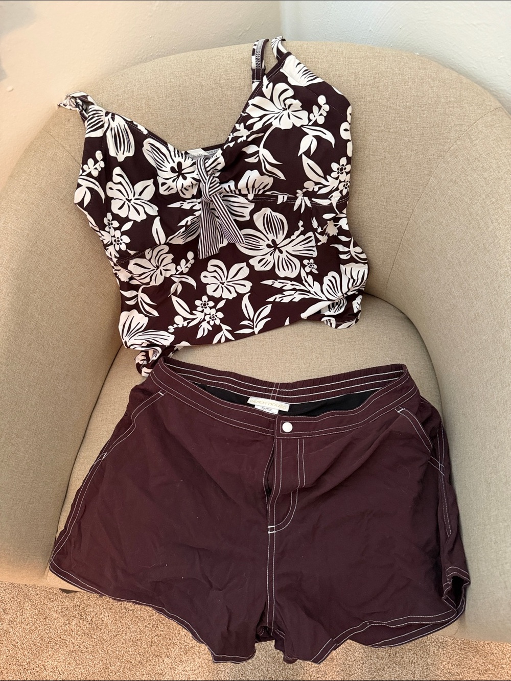 Beach House Brown and White Floral Tankini Top with Brown Swim Skort